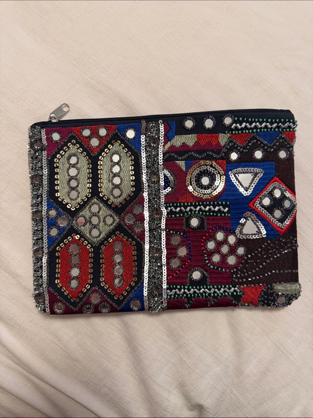 Embellished Multicolor Beaded Zip Clutch